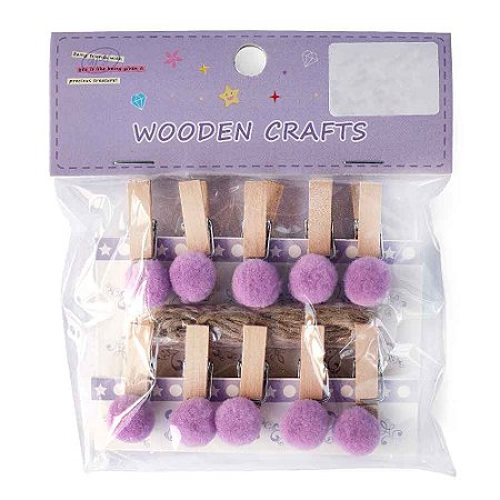 Prendedor de Madeira com Pompom Com Cordão Wooden Crafts Roxo Lilás