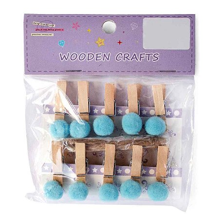 Prendedor de Madeira com Pompom Com Cordão Wooden Crafts Azul