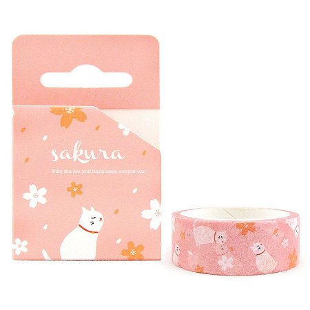 Fita Decorativa Washi Tape - Gatos e Sakura Rosa