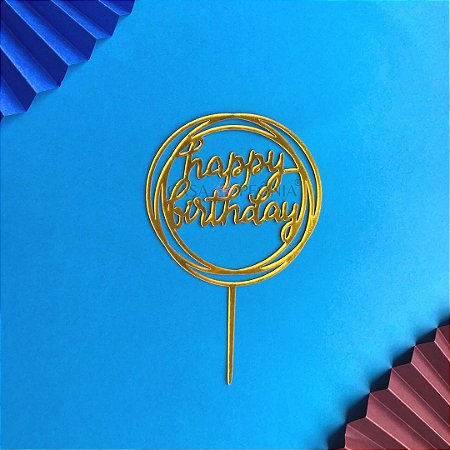 Topo de Bolo Dourado Metalizado Happy Birthday - 1 Unidade