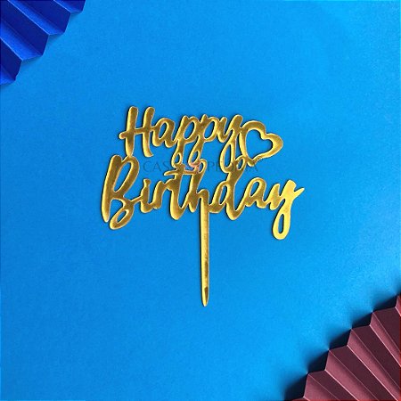 Topo de Bolo Dourado Coração Metalizado Happy Birthday - 1 Unidade