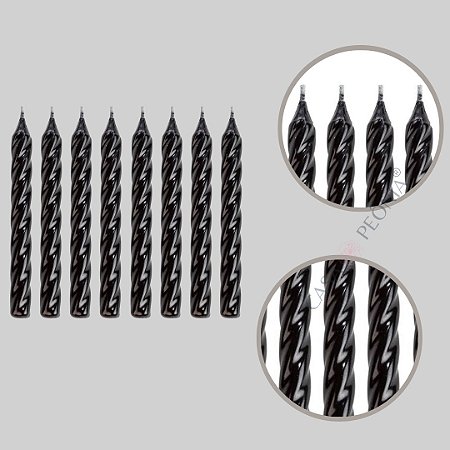 Vela de Aniversário Preta Espiral Metalizada Pequena - 8 unidades