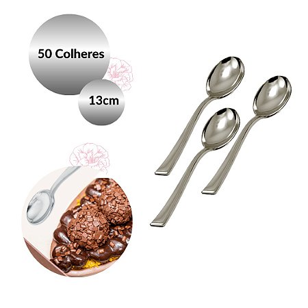 50 Colheres Sobremesa Prateada Premium Descartável - 13cm