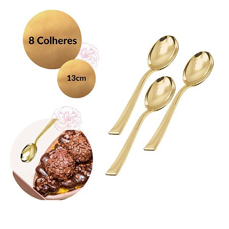8 Colheres Sobremesa Dourada Premium Descartável - 13cm