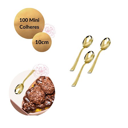 100 Mini Colheres Sobremesa Dourada Descartáveis - 10cm