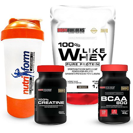 CREA. 100% (100 GRAMAS) + BCAA 800 (120 TABLETS) + 100% LIKE WHEY PURE PROTEIN (1,8 KG Refil) + COQUETELEIRA