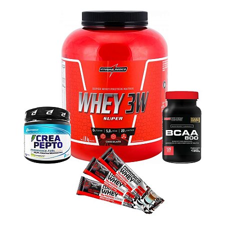 COMBO WHEY 3W + CREATINA + BCAA + 3 BARRAS PROTEIN