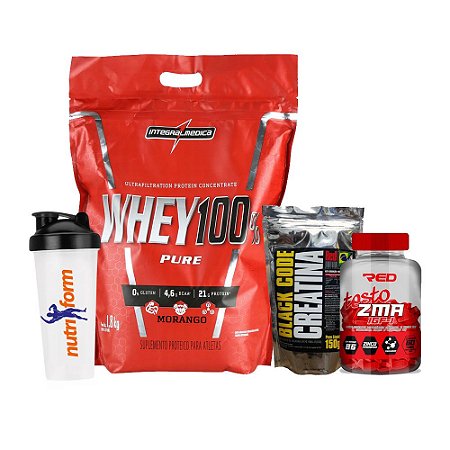 WHEY 100% PURE 907g + BLACK CODE CREATINA 150g + TESTO ZMA RED 60CAPS + COQUETELEIRA