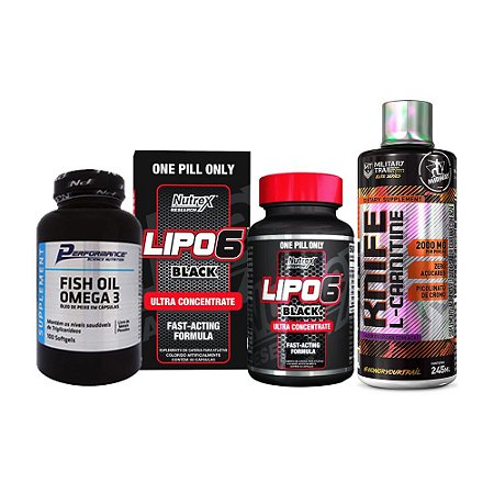 LIPO 6 BLACK 60 CÁPSULAS ULTRA CONCENTRADO + KNIFE L-CARNITINE 480ml + ÔMEGA 3 100 CÁPSULAS