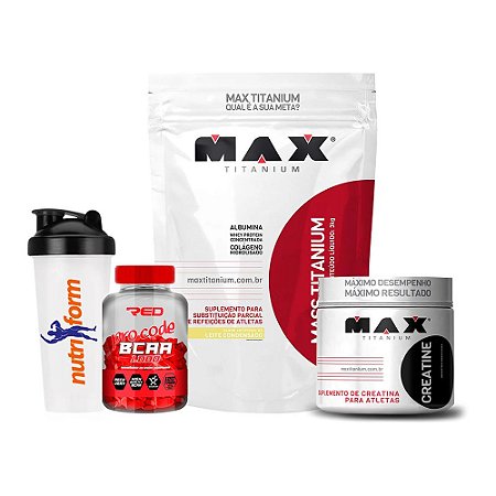 COMBO BCAA RED PRO CODE  + HIPERCALORICO 3K MAX TITANIUM + CREATINA MAX TITANIUM 300g + COQUETELEIRA NUTRIFORM