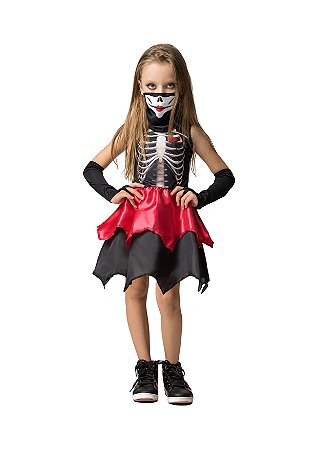 Fantasia Halloween Menina Ninja Caveira Vestido com Máscara