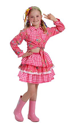 Vestido Junino Infantil Xadrez Rosa Camisa amarração e Saia