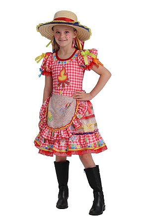 Vestido Junino Xadrez Vermelho infantil com Avental Estampas