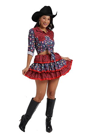 Saia Xadrez Junina Adulto Conjunto Camisa e Saia Estampadas
