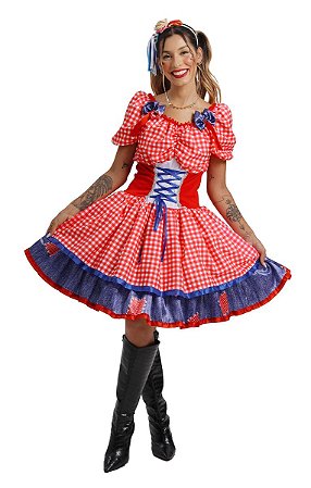 Vestido Junino Adulto Xadrez Vermelho Saia Rodada Quadrilha