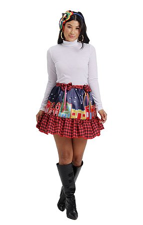 Saia Feminina Festa Junina Adulta Azul Curta Godê Estampada