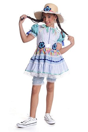 Vestido Junino Infantil Caipira Flor azul com Culote Chapéu