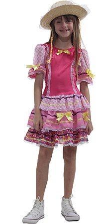 Vestido Caipira Infantil Rosa Luxo Junino Quadrilha + Chapéu