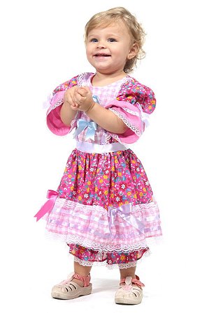 Vestido Bebê Caipira Rosa Roupa Festa Junina Baby com Culote