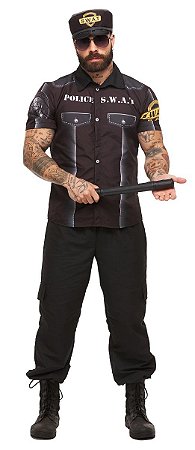 Fantasia Policial Masculino Adulto Roupa Carnaval com Chapéu