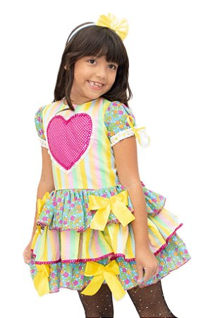 Vestido Infantil Festa Junina Coração Color Caipira + Tiara