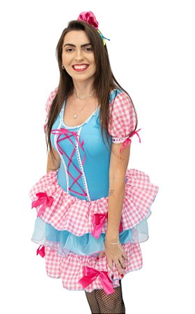 Vestido Feminino Caipira Rosa e Azul Xadrez Junino com Arco