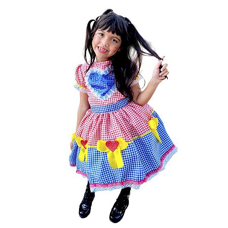 Vestido Infantil Junino Quadriculado Vermelho e Azul + Tiara
