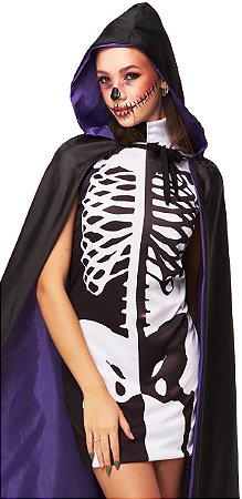 Fantasia Halloween Feminina Bruxa Salém Vestido Curto + Capa