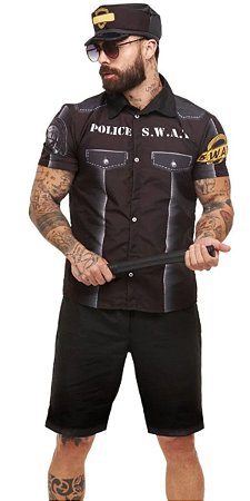 Fantasia Policial Masculino Adulto Roupa Carnaval com Cap