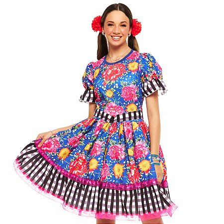 Vestido Junino Adulto Florido Caipira Saia Rodada com Faixa