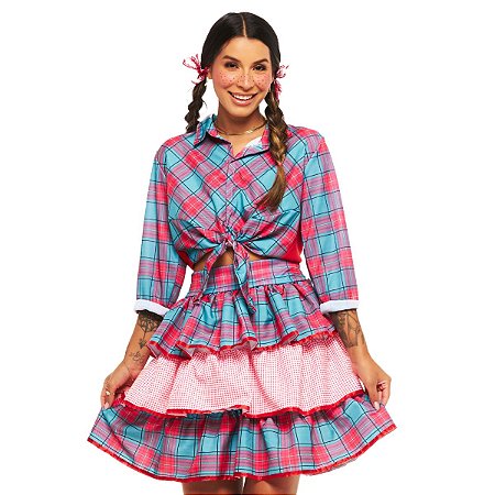 Saia Xadrez Festa Junina Adulto Camisa 3/4 e Saia c/ Camadas