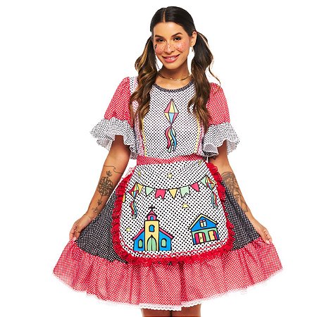 Vestido Junino Adulto Caipira Feminino Saia Rodada e Avental