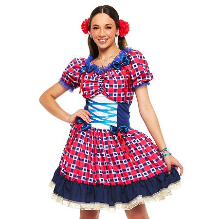Vestido Junino Adulto Caipira Ciganinha Xadrez Saia Rodada