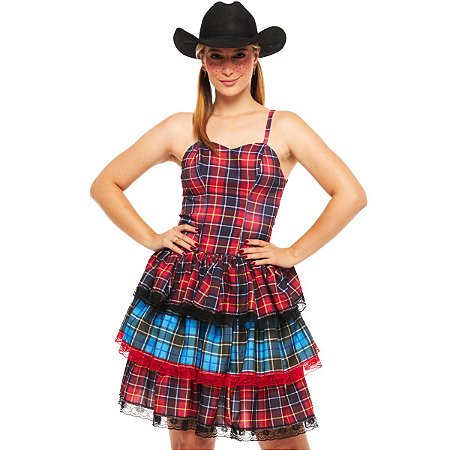Vestido Junino Adulto Caipira Xadrez Vermelho Saia Camadas