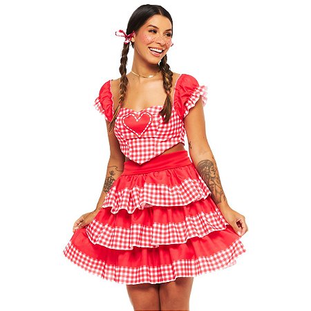 Saia Xadrez Festa Junina Adulto Conjunto Top e Saia Vermelha