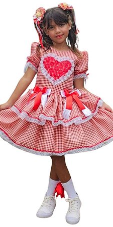 Vestido Junino Infantil Caipira Xadrez Vermelho com Coração