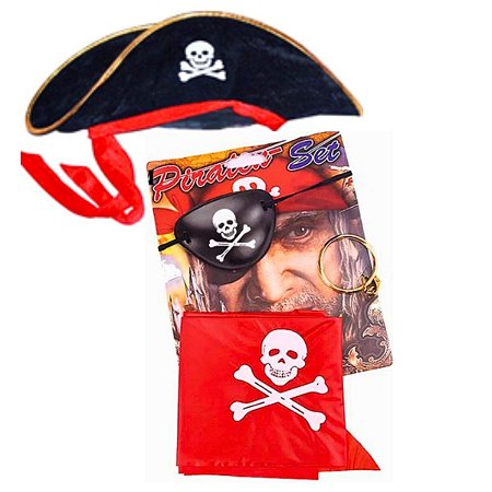 Fantasia Pirata Kit Chapéu Tapa Olho + 1 Brinco + 1 Bandana
