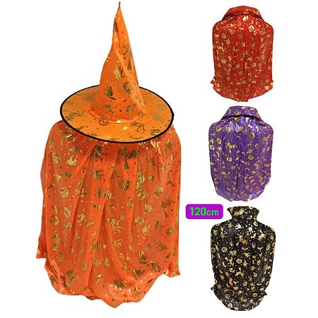 Fantasia Halloween Bruxa Mago Chapéu + Capa 120cm Sortido