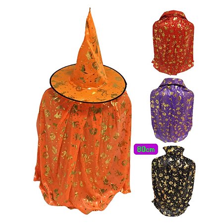 Fantasia Halloween Bruxa Mago Kit Chapéu + Capa 80cm Sortido