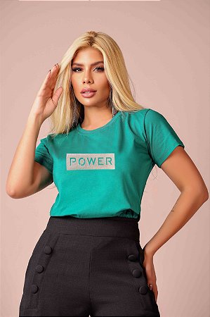 Tshirts feminina algodão verde com aplicação - Power