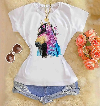 Tshirts feminina poliéster - Cavalo com flores