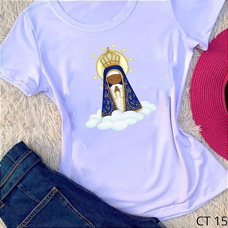 Tshirts feminina poliéster - Nossa Senhora azul escuro com nuvens (ct 15)