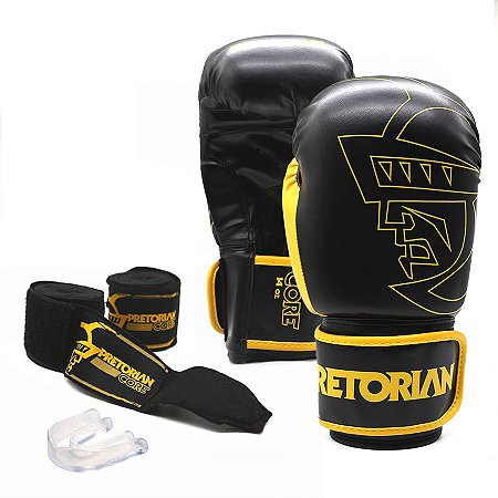 CONJUNTO LUVA BOXE MUAY THAI CORE PRETORIAN + BAND + PROTETOR BUCAL - PRETO E AMARELO
