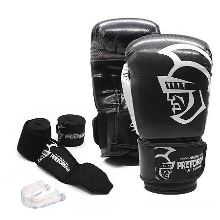CONJUNTO LUVA BOXE MUAY THAI + BAND + PROTETOR BUCAL ELITE - PRETORIAN