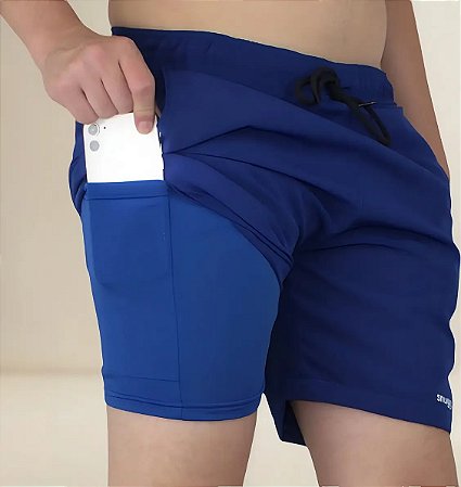Short 2 em 1 Tactel com Segunda Pele Masculino Azul Snugg