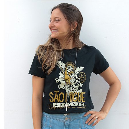 Camiseta Baby look "São Miguel Defendei-nos" - Preta