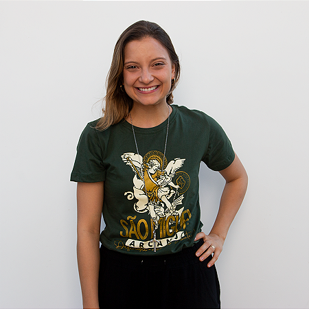Camiseta  Baby look "São Miguel Defendei-nos" - Verde Oliva
