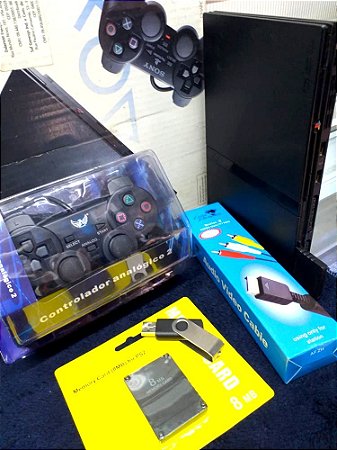 playstation 2 + memory card + Controle + Jogos no pen drive 16gb .OBC Produto usado, só pega jogos pela USB..