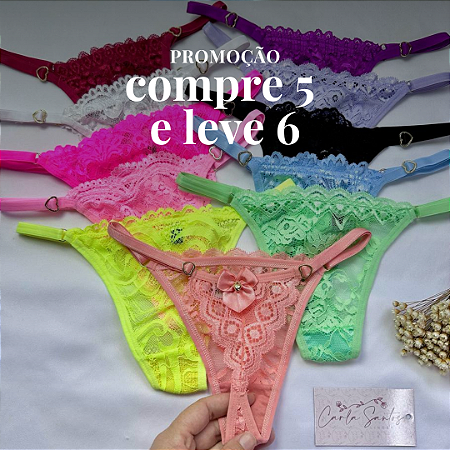 Compre 5 e LEVE 6 - Calcinha fio em renda regulável - Luiza formato coração