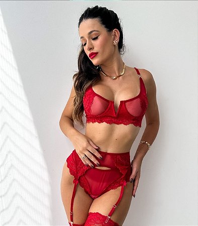 Conjunto Lingerie - Chama do amor -  Renda Vermelho